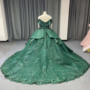 Lsany277 Dark Green Quinceanera Ball Gown Sequined Tiered <b>Ruffle</b> Floral Applique <b>Dress</b> With Train For Sweet 15 Jancember - Product Image 2