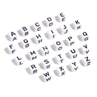 Perles à trou large en forme de lettres (26 lettres), 100 pièces/paquet, 6 mm, acrylique, carrées, blanc et noir
