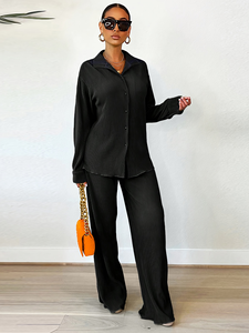 Tenue 2 pièces pour femme-Chemise plissée à boutons floraux-Pantalon palazzo au genou-Tricot en laine décontracté pour l'été et l'automne-Taille XL - Product Image 4