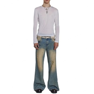 ผู้ผลิตกางเกงยีนส์ กางเกงยีนส์ทรงหลวมขาบานเอวกลางสำหรับผู้ชาย รุ่น X5 Pocket Flare สีฟ้าซีดแบบ Sand Wash ขาดรุ่ย ทรงขากว้างหลวมโอเวอร์ไซส์ - Product Image 3