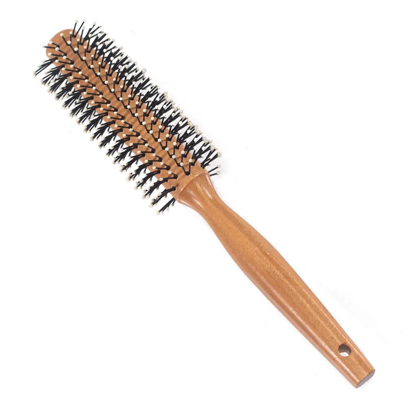 Professionale spazzola per capelli riccia rotonda con manico in legno per capelli a soffiaggio con setole