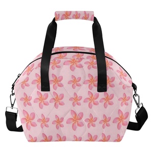 Travel Picnic Portable Reusable Cooler Bag Custom Design Hawaii Pink Plumeria Pattern Quilted Insulated Lunch Bag for Women - Product Image 1