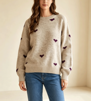 Pull en maille jacquard à col rond pour femme, coupe ample, manches longues, avec logo personnalisé, motif cœur, couleur avoine, pour dames