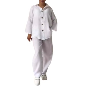 Ensemble 2 pièces pour femmes d'été, <span class=keywords><strong>grande</strong></span> <span class=keywords><strong>taille</strong></span>, chemise en coton et lin, pantalon ample <span class=keywords><strong>taille</strong></span> haute - Product Image 5