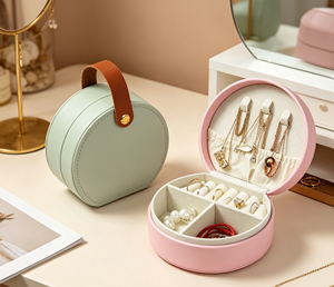 <b>Round</b> portable jewelry <b>box</b> made of premium PU leather with soft velvet lining and precise stitching process - Product Image 2