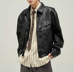 맞춤형 패션 스트리트 웨어 레트로 블랙 PU 가죽 자켓 남성용 루즈핏, 라펠 칼라 캐주얼 코트 재킷 제조업체 - Product Image 1