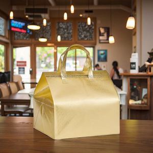 Sac isotherme non tissé avec poignée, film doré, imperméable, logo personnalisé, pour gâteaux, avec ruban adhésif - Product Image 3