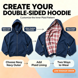 <span class=keywords><strong>Sweat</strong></span>-shirts à <span class=keywords><strong>capuche</strong></span> décontractés personnalisables avec logo, fermeture éclair réversible, motif à carreaux sur l'extérieur et un côté uni sans motif - Product Image 2