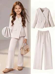 Ensemble deux pièces décontracté pour filles, design asymétrique blanc, veste et <span class=keywords><strong>pantalon</strong></span> long, automne pour enfants - Product Image 5