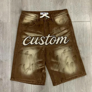 Hong Kong Custom Streetwear Letter-embroidered Designer Mens Denim Shorts Washed Ink-splatter Sketch Rhinestone Denim Shorts - Product Image 1