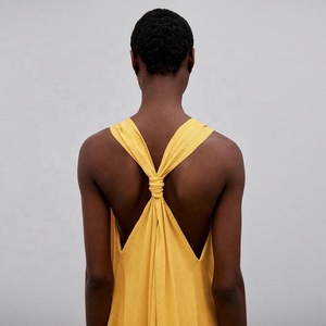 Tongrui 2023 S22 <span class=keywords><strong>Abito</strong></span> <span class=keywords><strong>Lungo</strong></span> Giallo con Spalline Incrociate sulla Schiena e Dettaglio Nodo in Viscosa e Lino Vestito Ampio - Product Image 4