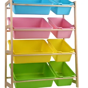 Household kids baby Organizer rack Multifunction Children wood toy Storage Shelf with 16 Plastic Bins
