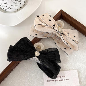 Horquilla vintage de gasa con lunares y lazo para mujer, accesorios para el pelo, clip de agarre grande con perla y diamantes de imitación, venta al por mayor - Product Image 4