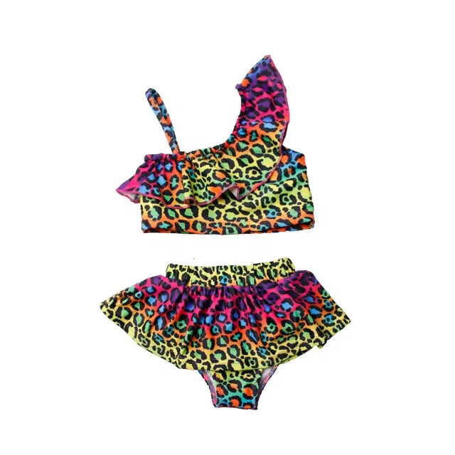 Yeni varış kızlar bir omuz mayo çocuklar bebek Ruffles leopar Beachwear Bikini takım elbise çocuk şort üst mayo