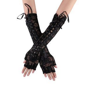 Guantes Sexys de Encaje Floral para <span class=keywords><strong>Mujer</strong></span>, Medios Dedos, Largos hasta el Codo, con Cordones, Estilo Steampunk, para Disfraces de Fiesta, Calentadores de Brazos, Mitones Sexys con Cinta para Club - Product Image 2