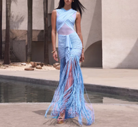 Robe de soirée fluide bleu clair à franges pour femme, robe maxi sexy en maille transparente, élégante, sans manches, longue, à franges, plissée, pour soirée formelle