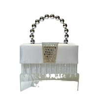 Nouvelle Pochette de Soirée Tendance en Soie avec Strass, Paillettes, Perles et Pompon, Mini Carrée, Portée Épaule ou Croisée