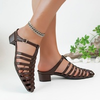 Sandales romaines marron en PU tressé à bout fermé pour femme, fermeture auto-agrippante, talon épais 3,5 cm, légères, été