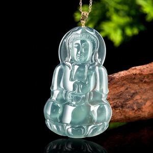 หยกเจไดต์สีน้ำเงินธรรมชาติ จี้หยกพระโพธิสัตว์กวนอิม ทอง 18K เครื่องประดับสำหรับผู้ชายและผู้หญิง ศาสนาพุทธ พร้อมใบรับรอง D339 - Product Image 1