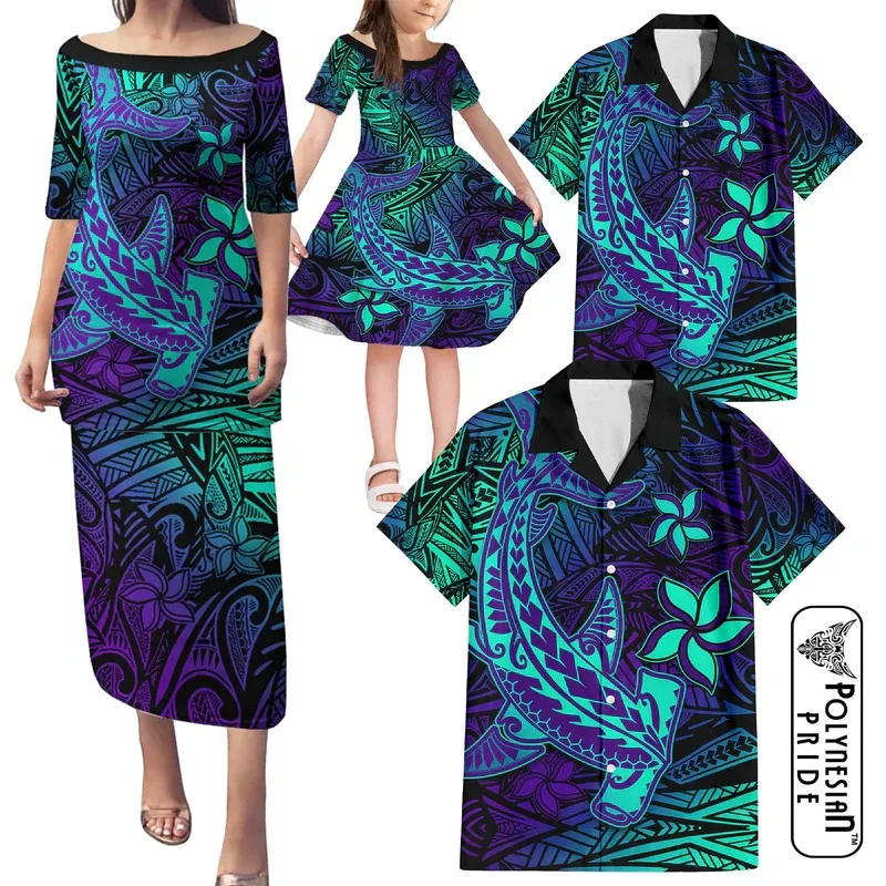 Polynesian Elei Tribal Design Custom Personality Fashion Children's Shirt Dress Adult Shirt Dress Family Set Factory Outlet