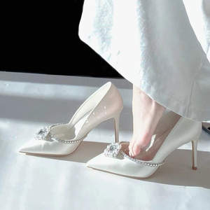 Escarpins en satin à bout pointu, talons aiguilles, chaussures de mariée, de soirée, de cérémonie, de luxe, ornées de cristaux et de strass, talons hauts pour femmes - Product Image 6