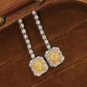 Xinfly 18K White Gold <b>Cushion</b> Cut Dangle Drop Earrings with Fancy Yellow Diamond - Product Image 4