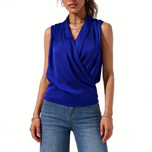 Women's Satin Wrap Front Sleeveless Blouse - Cowl Neck Casual <b>Top</b> Shirt Fashion - Product Image 4