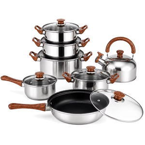Juego de Utensilios de Cocina Premium Clásico de 12 Piezas de Acero Inoxidable, Olla con Acabado Espejo, Asas con Diseño de Madera, Sartén Antiadherente de Cerámica, Tapas de Vidrio - Product Image 1
