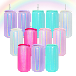 Listo para enviar Rainbow Glitter Blank Sublimation Glass Can <span class=keywords><strong>Soda</strong></span> Pop Beer Iced Coffee 16oz Shimmer Glitter Glass Can con tapa de PP - Product Image 1