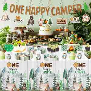 One Happy Camper 183-Piece Modern Birthday Party Supplies Includes Plates Napkins Cups Goodie Bags <b>Tablecloth</b> Banner Cutlery - Product Image 5