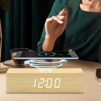 Jam Alarm persegi panjang Hotel Modern, jam Digital Led meja ponsel pengisian daya nirkabel jam Digital bambu