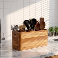 Boîte de rangement flexible à 4 compartiments en bois d'acacia Mangium avec poignée pour couverts, spatules, couteaux, fourchettes, comptoir de cuisine
