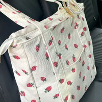 Sac à main en velours côtelé rouge fraise sur base blanche, décontracté, léger, pour femme, idéal pour le shopping ou l'école, sac fourre-tout à bandoulière