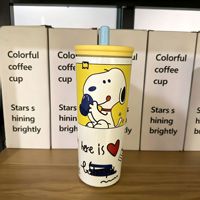 Gobelet isotherme Snoopys en acier inoxydable 304 avec paille et sangle de transport, grande capacité, pour eau froide et café