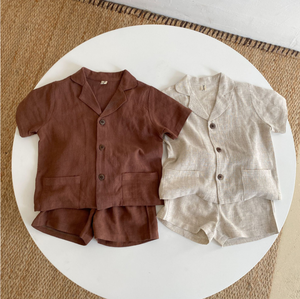 Ensemble de vêtements d'été pour enfants, garçons, chemises en <span class=keywords><strong>lin</strong></span> <span class=keywords><strong>beige</strong></span> marron uni, shorts, garçons, filles, décontracté, enfants, ensembles 2 pièces - Product Image 1