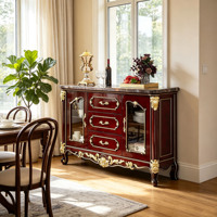 Buffet de luxe européen en bois massif avec plateau en marbre, meuble de rangement sculpté antique, mobilier de salle à manger, vente en gros