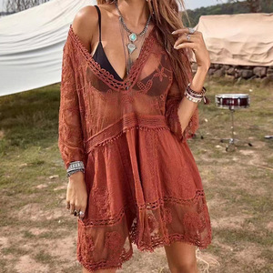 Blanco de punto playa cubrir <span class=keywords><strong>vestido</strong></span> túnica Pareos largos chica Bikini cubrir Ups encaje ver a través de nadar cubrir <span class=keywords><strong>Vestido</strong></span> de playa - Product Image 6