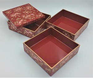 Traditional Japanese Style Triple Tier Stackable <b>Storage</b> <b>Box</b> with <b>Floral</b> Pattern Red Paper Lid Rectangle Shape Environment-F - Product Image 2