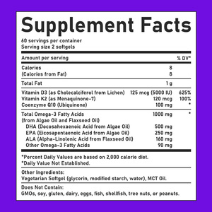 Gélules végétaliennes d'oméga 3 de haute qualité avec vitamine K2 pour soutenir la santé cellulaire, la fonction immunitaire et la fonction cérébrale – Compléments en gélules - Product Image 2