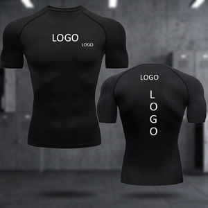 T-shirt de compression noir à manches courtes et col rond, couleur unie, en polyester anti-transpiration, vêtement de sport, impression par transfert thermique - Product Image 3