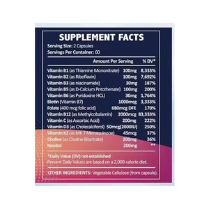 Vitamine B Complex 13-in-1 <span class=keywords><strong>capsules</strong></span> met vitamine C, D3, K2, choline & inositol. Vitamine B Complex supplementen. Vitamine B mix. - Product Image 4