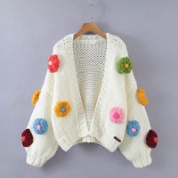 Fournisseur en gros de cardigan en tricot pour femmes, à manches ballon, boutonné sur le devant, à motif floral, veste en tricot tendance
