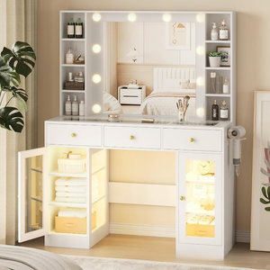 Comò in Legno Bianco con Specchio Illuminato e Stazione di Ricarica, Design Contemporaneo Ecologico e Durevole per Camera da Letto delle Ragazze, 3 Modalità di Illuminazione - Product Image 1