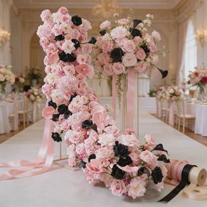 ฉากโต๊ะยาวประดับดอกกุหลาบสีชมพู พร้อมดอกไม้ประดิษฐ์สำหรับตกแต่งงานเลี้ยงวันเกิด งานแต่งงาน และงานจัดเลี้ยง - Product Image 1