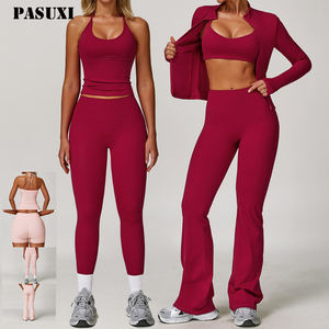 PASUXI Completo da Yoga Fitness all'Ingrosso da Donna 3 Pezzi, <span class=keywords><strong>Tuta</strong></span> <span class=keywords><strong>Sportiva</strong></span> Senza Cuciture a Maniche Lunghe con Cappuccio per Palestra e Allenamento - Product Image 1