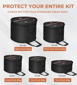 Juego de 5 fundas para batería para tom de 10'', tom de 12'', caja de 14'', tom de suelo de 16'', bombo de 22'', estuches de viaje con acolchado grueso para protección de la batería - Product Image 2