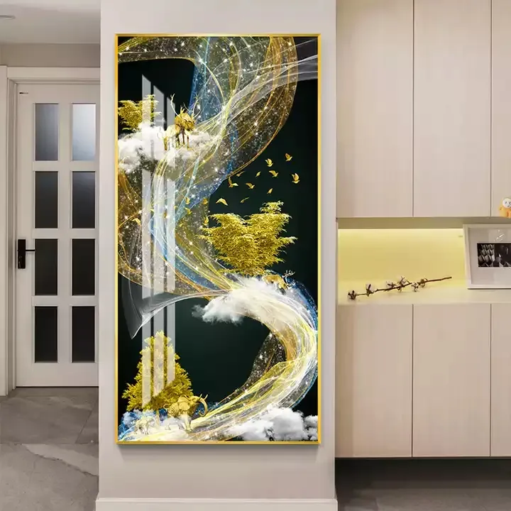 Home Decor Luxury Golden Tree 3d Wall Picture Art Framed Modern Gold Art Print Crystal Porcelain Painting