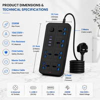 Multiprise en cuivre pur ABS 10A haute puissance, 6 prises, 3 ports USB-A, 1 port USB-C, câble de 2 m, normes européennes/britanniques