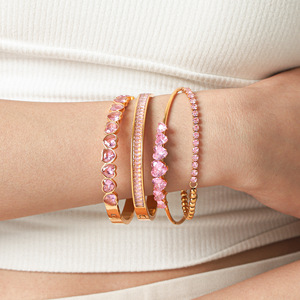 Versatile Ladies <b>Stacking</b> <b>Bracelet</b> High Polished Stainless Steel Embedded Shiny Pink Cubic Zirconia 18K Gold Daily Accessories - Product Image 1
