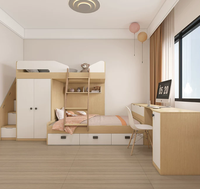 Lit mezzanine gain de place en bois avec rangement encastré, 3 tiroirs et armoire pour chambre familiale ou d'enfants